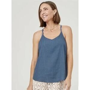 SheBird The Leah Linen Bra Tank Built In V Neck Stretch Adjustable Blue Size 3